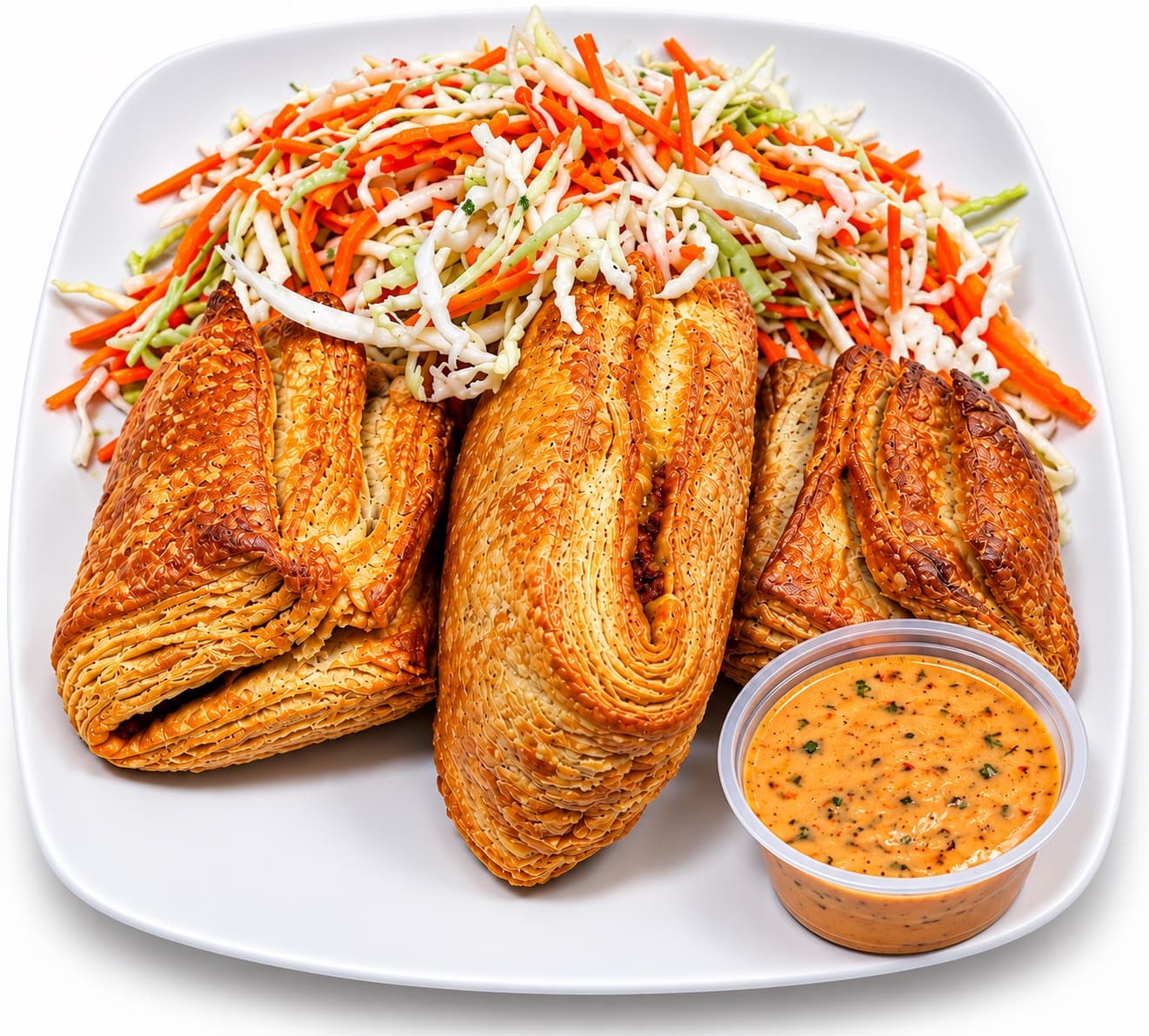 Golden folded pastries served with cabbage-and-carrot slaw and creamy dipping sauce.