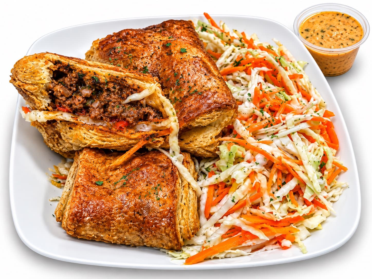 Flaky stuffed pastry pockets served with cabbage-and-carrot slaw and creamy dipping sauce.